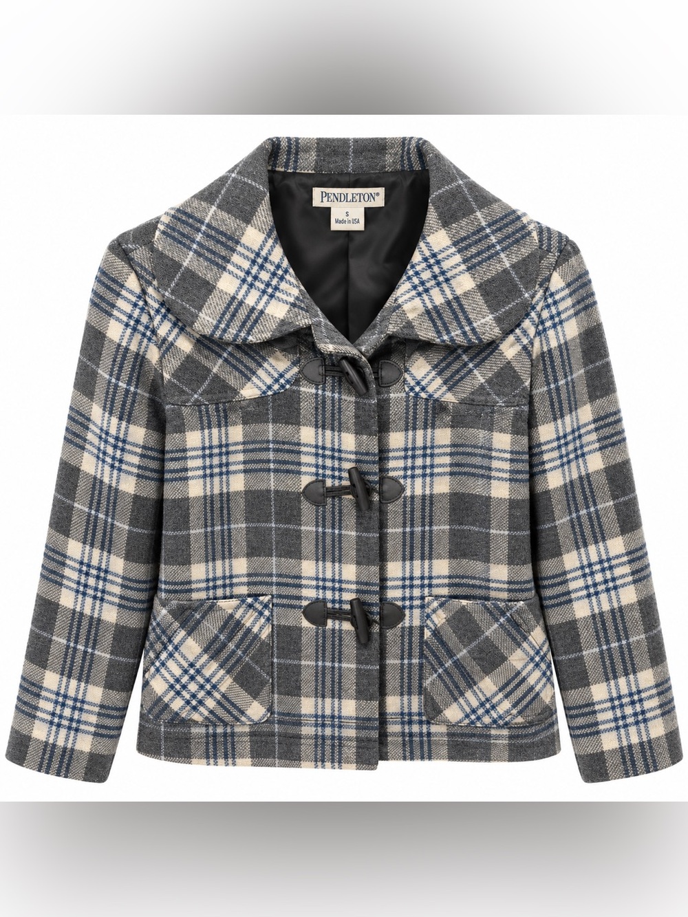 Pendleton Women’s S Wool Plaid Jacket Gray Blue Toggle Button Made in USA